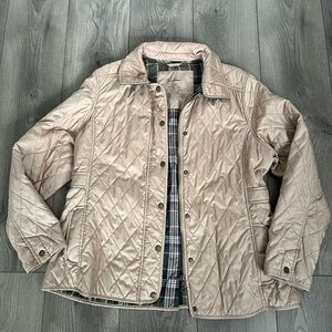 L.L. Bean Women’s Quilted Riding Barn Jacket Large Tan Snap Up Insulated Plaid